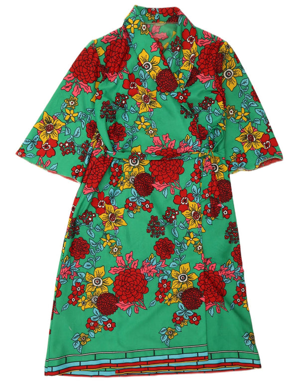 Vintage Damen 3/4 Ärmel Robe Kaftan Kleid UK 12 Mittelgrün geblümt
