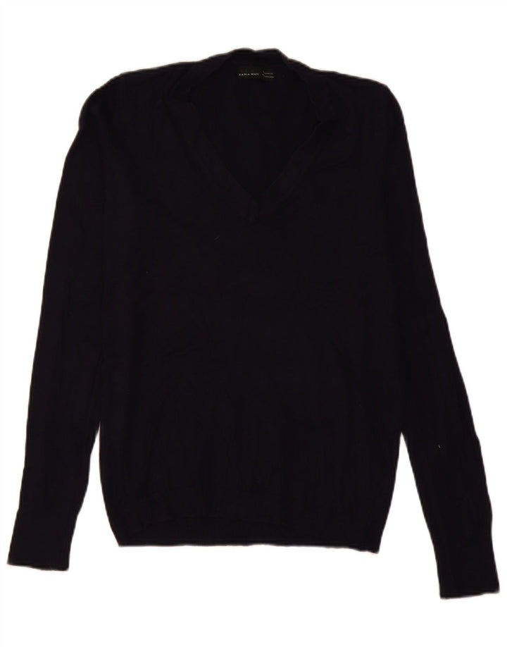 Zara Herren-Pullover mit V-Ausschnitt, mittleres Marineblau