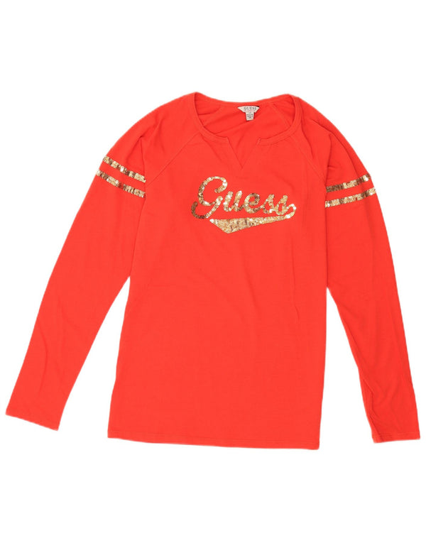 Guess Damen Grafik-Top, langärmelig, UK 12, mittelrot, Baumwolle