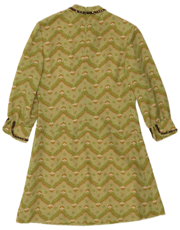 Vintage Damen 3/4 Ärmel A-Linie Kleid UK 12 Mittelgrüner Chevron