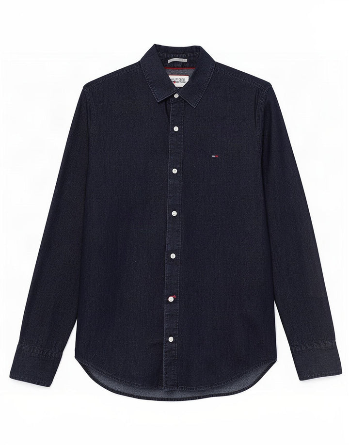 Tommy Hilfiger Herren-Slim-Fit-Hemd, mittelschwarz, Baumwolle, klassisch