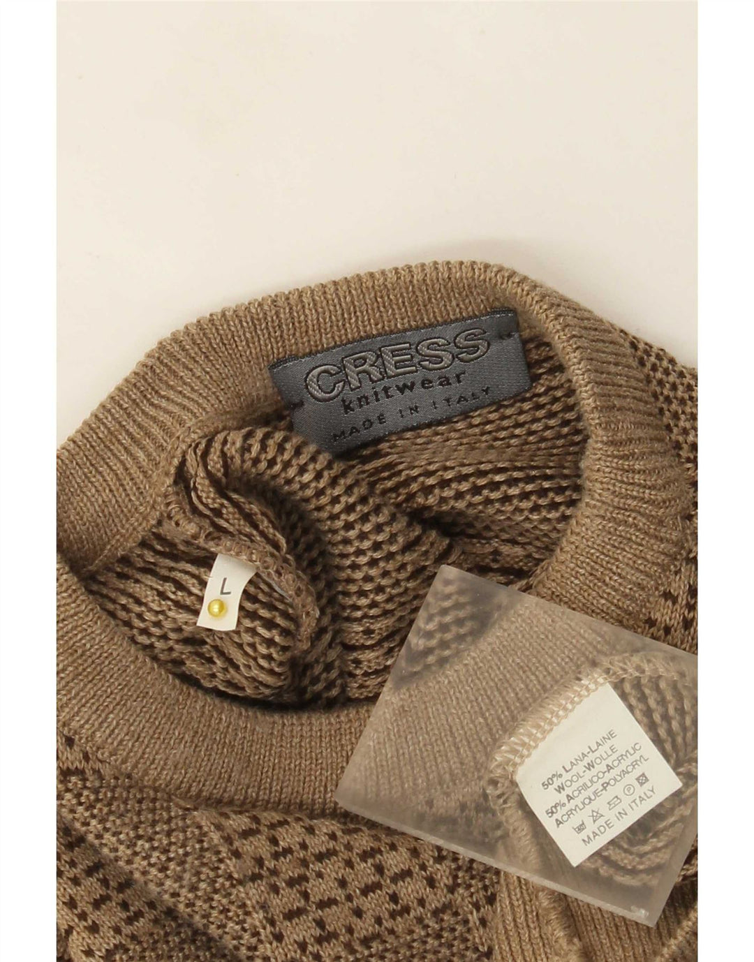 Vintage Herren Pullover mit Rundhalsausschnitt, groß, beige, geometrische Wolle