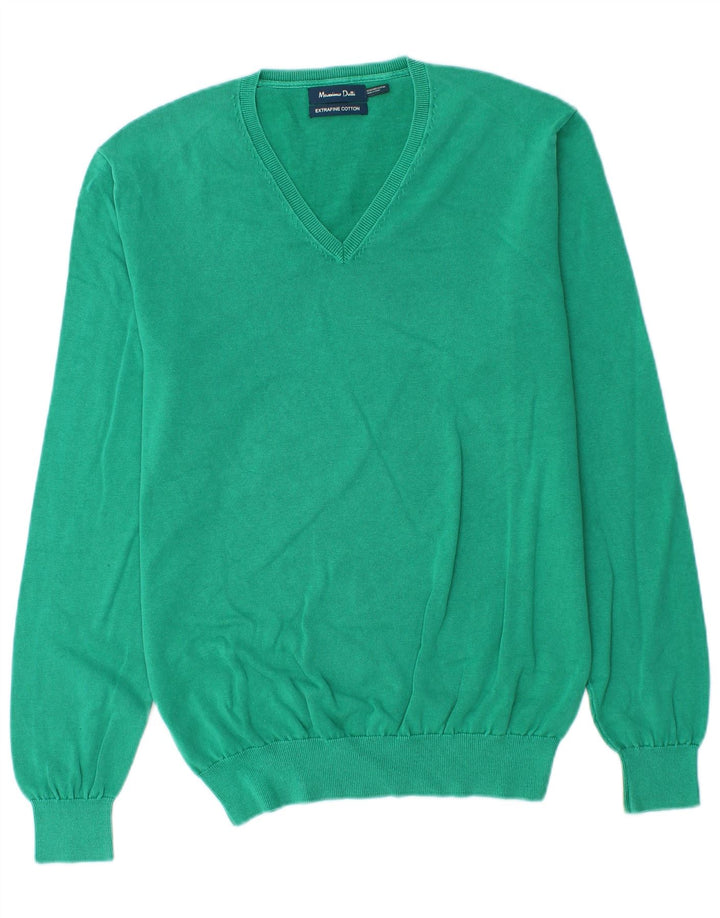 Massimo Dutti Herren-Pullover mit V-Ausschnitt aus mittelgrüner Baumwolle