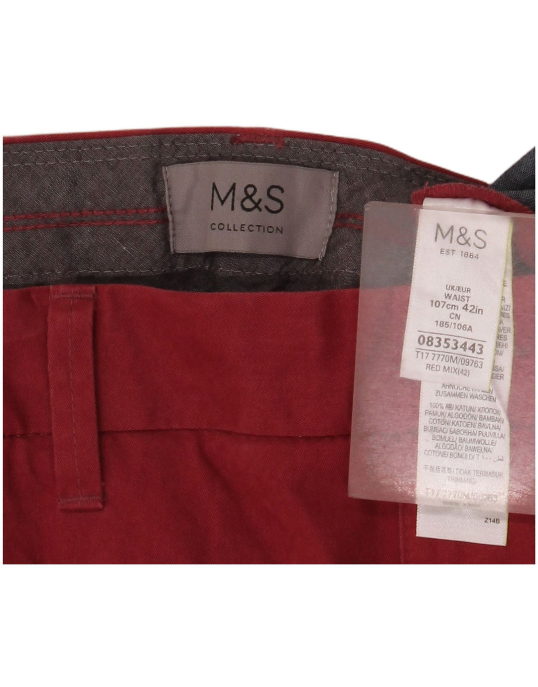 Marks & Spencer Herren Chinoshorts W42 2XL Rote Baumwolle