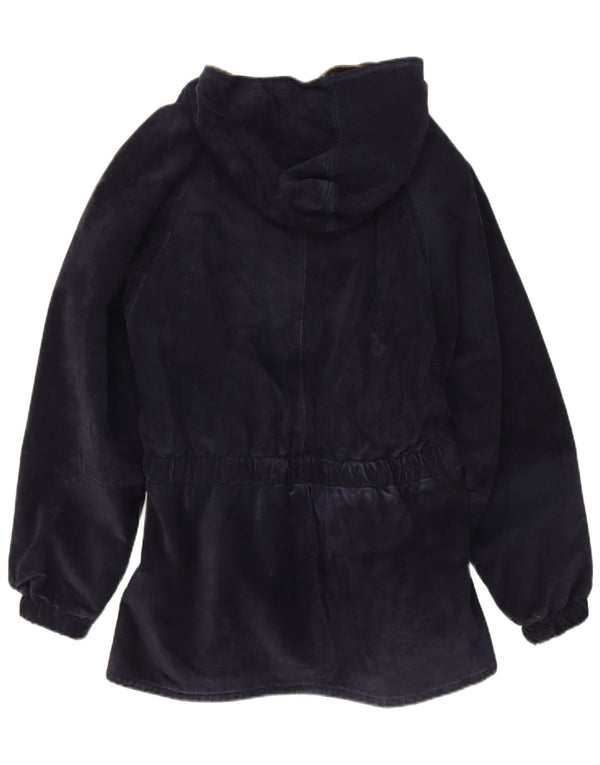 Michael Boris Damen-Windbreaker-Mantel aus Wildleder mit Kapuze, Größe 46, Marineblau