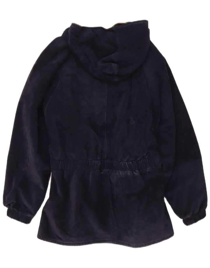 Michael Boris Damen-Windbreaker-Mantel aus Wildleder mit Kapuze, Größe 46, Marineblau
