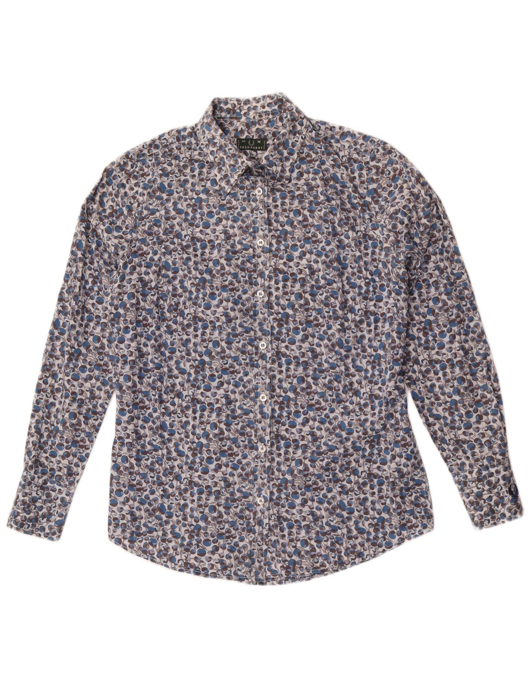 Fred Perry Damenhemd UK 14 Mittelblaue geblümte Baumwolle