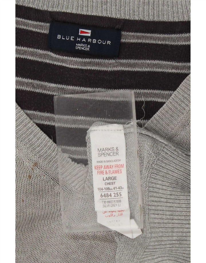 Marks & Spencer Herren Blue Harbor V-Ausschnitt Pullover Pullover Große graue Baumwolle