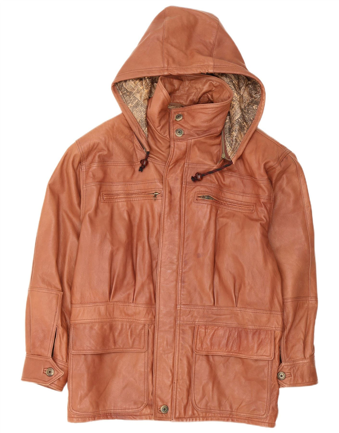 VINTAGE Herren Ledermantel mit Kapuze IT 48 Mittelbraunes Leder