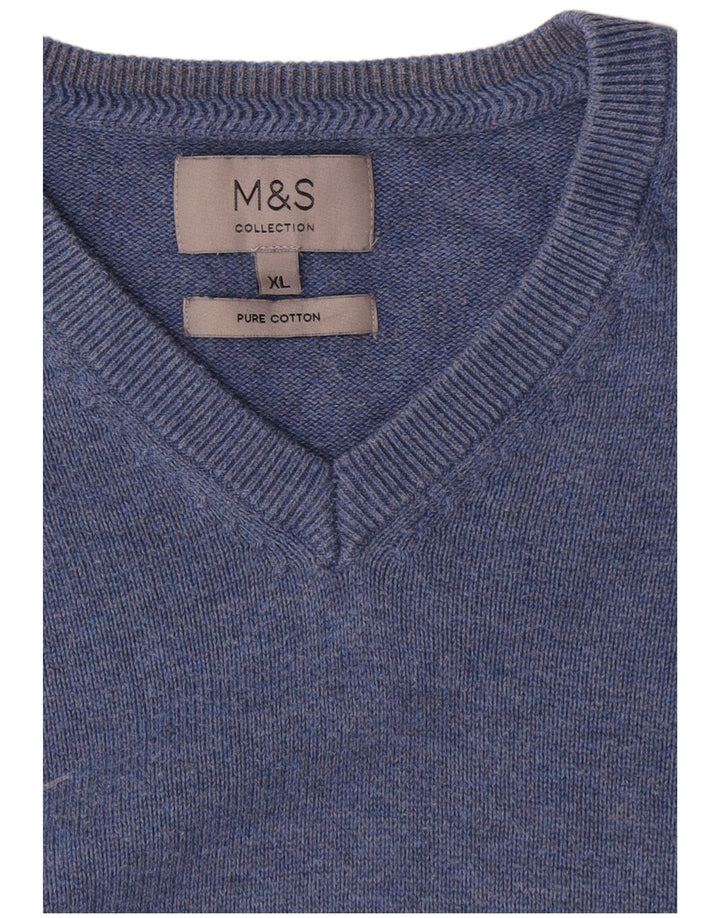 Marks & Spencer Herren-Pullover mit V-Ausschnitt, XL, blaue Baumwolle
