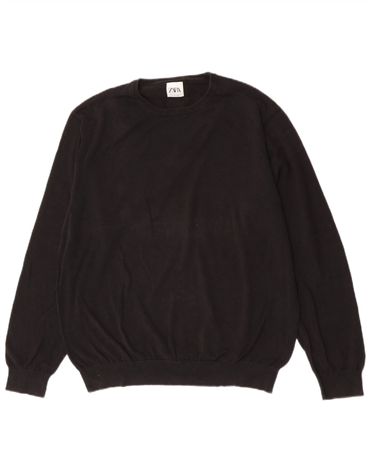 Zara Herren-Pullover mit Rundhalsausschnitt, groß, aus schwarzer Baumwolle