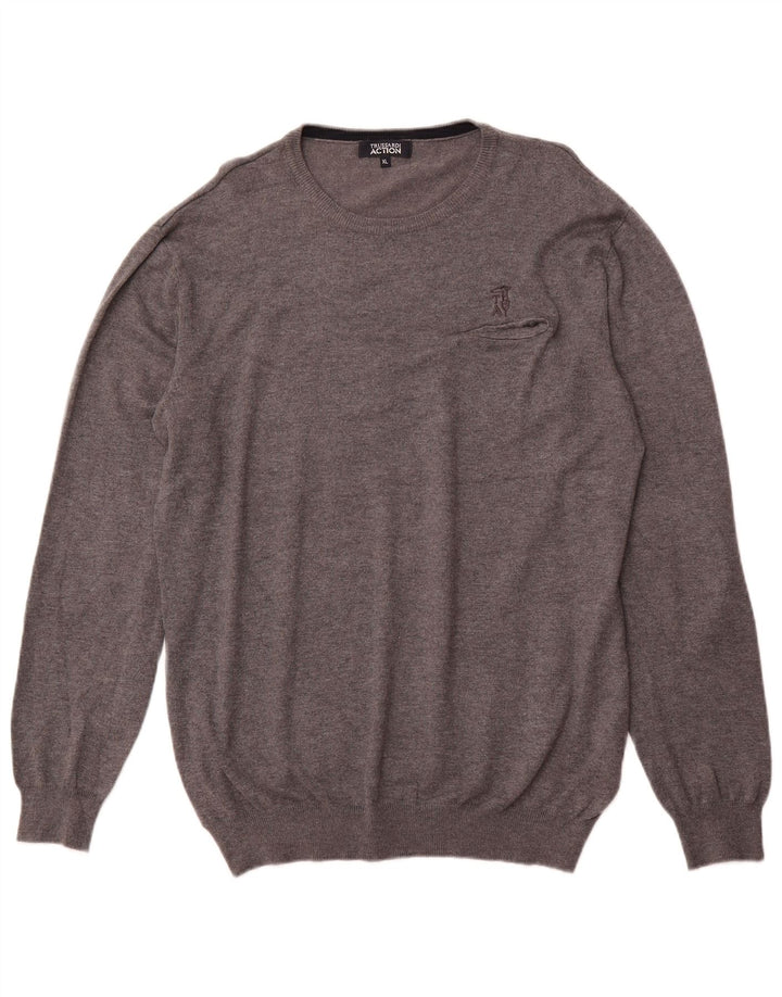 TRUSSARDI Mens Crew Neck Jumper Sweater XL Grey Viscose