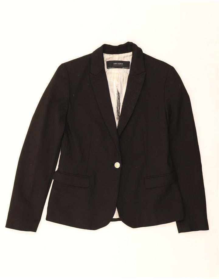 ZARA Damen 1-Knopf-Blazerjacke UK 12 Mittelschwarze Baumwolle