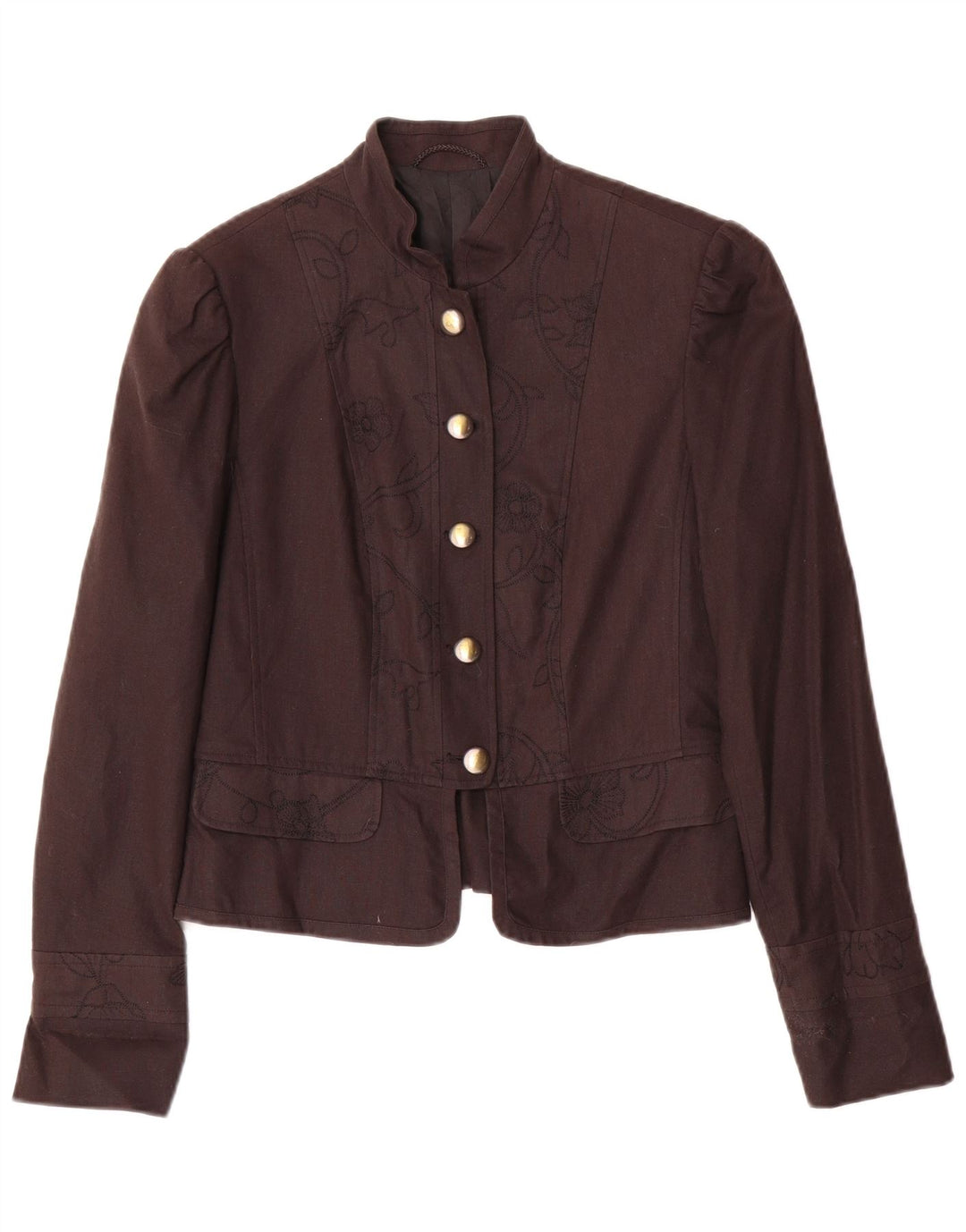 Vintage Damen 5-Knopf-Blazerjacke UK 10 Kleines braunes Blumenleinen