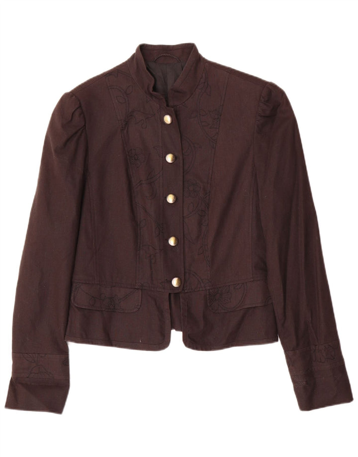 Vintage Damen 5-Knopf-Blazerjacke UK 10 Kleines braunes Blumenleinen