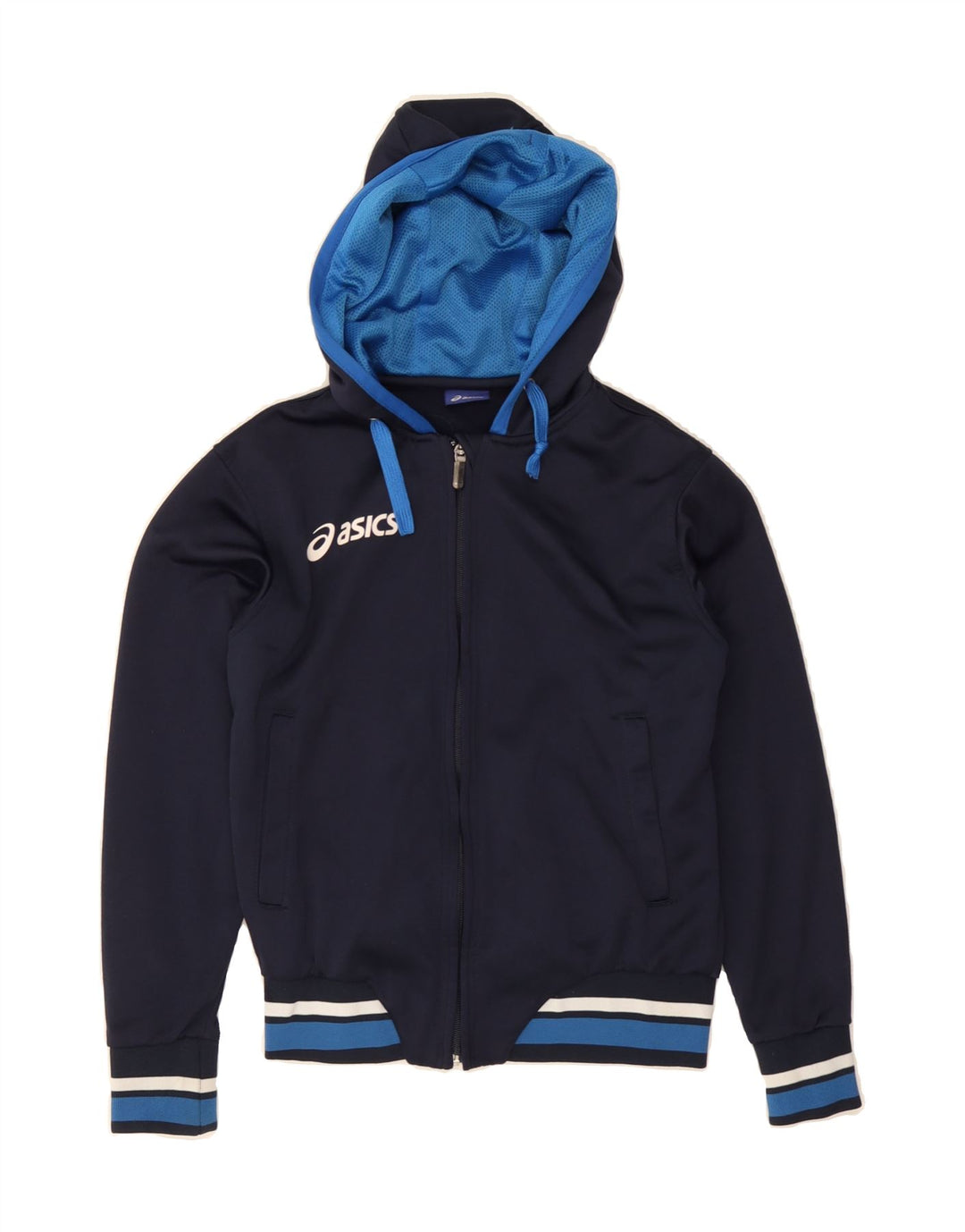 ASICS Boys Zip Hoodie Sweater 8-9 Years Navy Blue Polyester Vintage Asics and Second-Hand Asics from Messina Hembry 