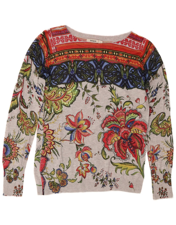 Desigual Damen-Pullover mit grafischem U-Boot-Ausschnitt, Gr. 14, großes Grau mit Blumenmuster