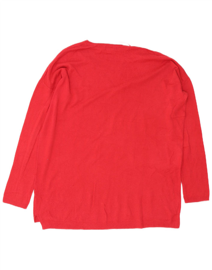 Zara Damen-Pullover, übergroß, V-Ausschnitt, UK 14, mittelrot, Baumwolle