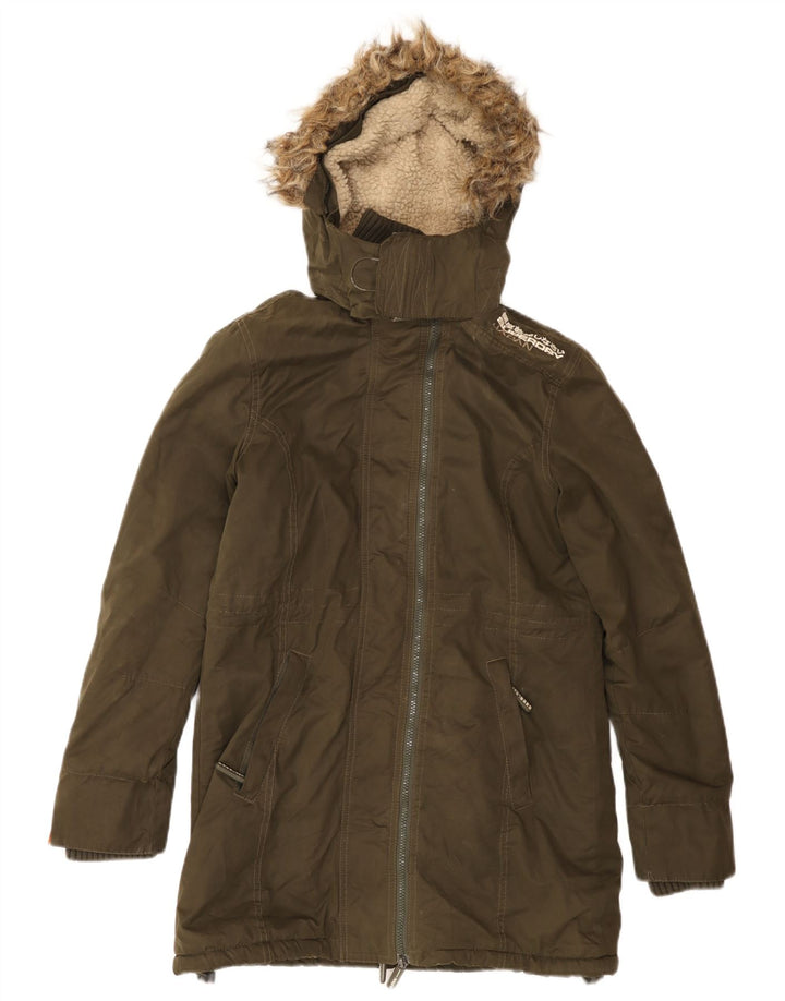 SUPERDRY Damen-Parka mit grafischer Kapuze, UK 12, mittlere Khaki-Baumwolle