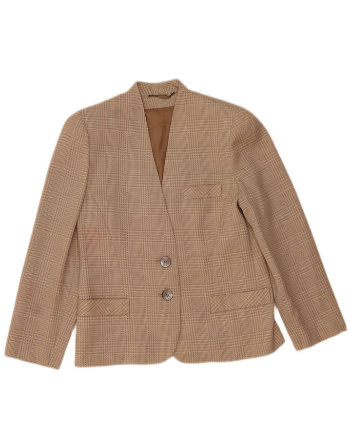Vintage Damen 2-Knopf-Blazerjacke IT 44 Mittelbeige Hahnentrittwolle
