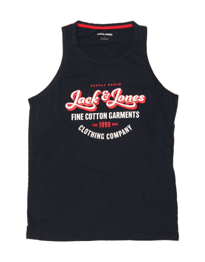 JACK & JONES Mens Graphic Vest Top Large Navy Blue Cotton Vintage Jack & Jones and Second-Hand Jack & Jones from Messina Hembry 
