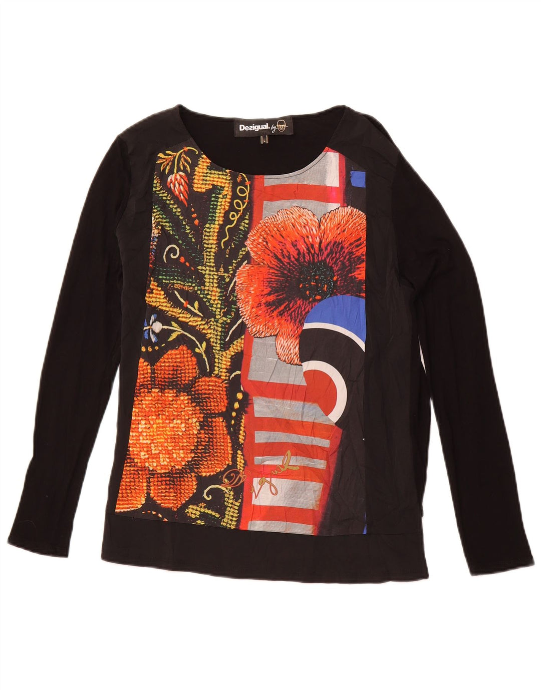 DESIGUAL Womens Graphic Top Langarm UK 14 Große schwarze Viskose mit Blumenmuster
