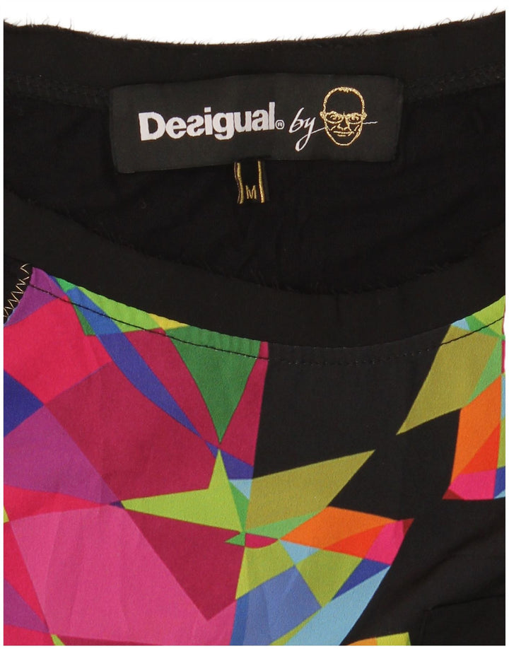 Desigual Damen T-Shirt Top UK 12 Medium Schwarz Geometrisch