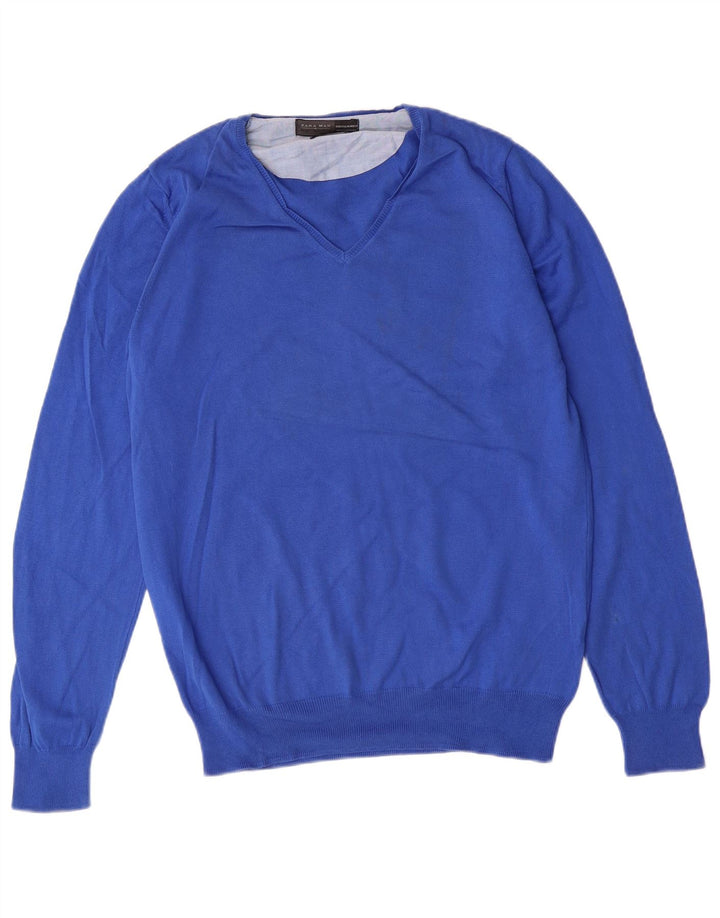 Zara Herren-Pullover mit V-Ausschnitt, mittelblaue Baumwolle