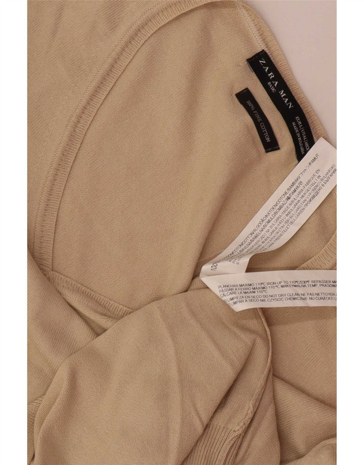 Zara Herren-Pullover mit V-Ausschnitt, groß, beige Baumwolle
