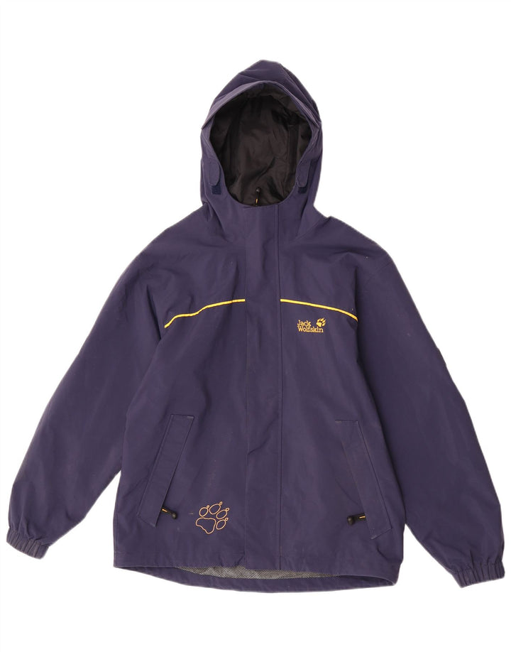 Jack Wolfskin Jungen Regenjacke mit grafischer Kapuze, 12–13 Jahre, Marineblau