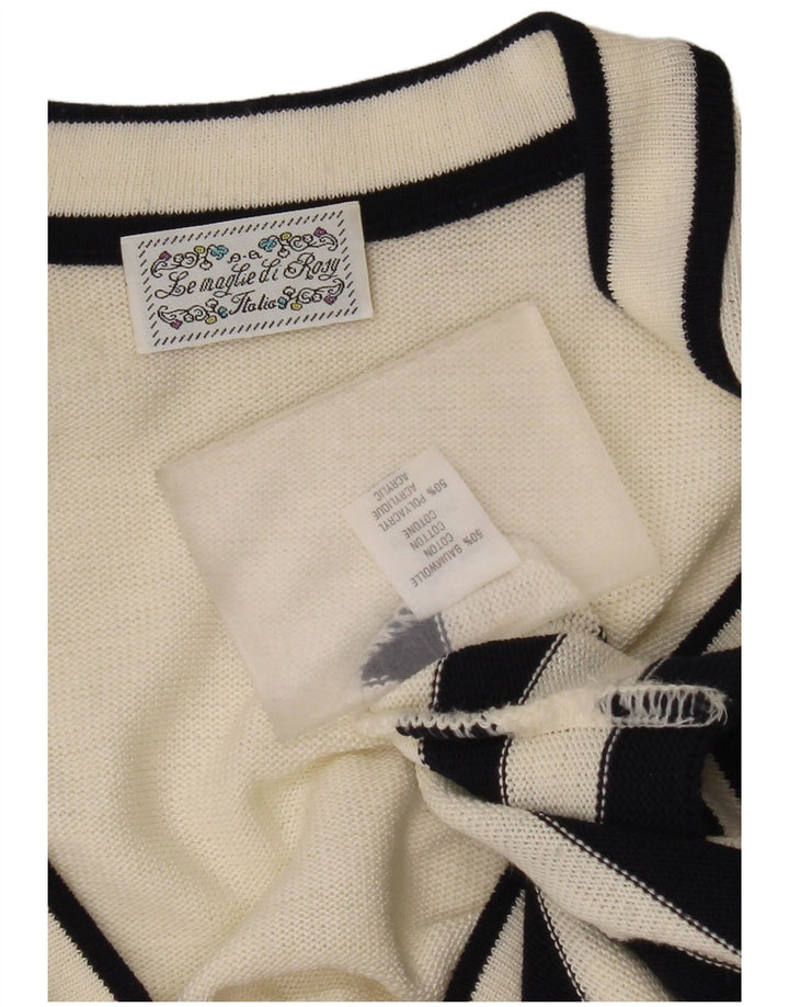 Vintage Damen Cardigan Pullover UK 14 Medium Off White Gestreifte Baumwolle