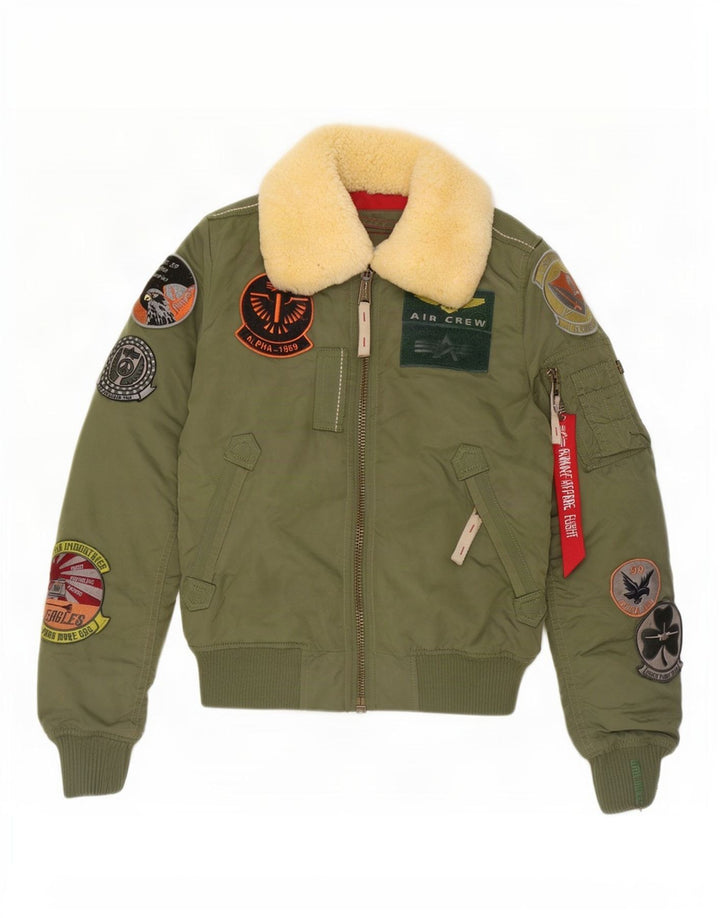 Alpha Industries Damen Bomberjacke mit Grafik, UK 6 XS, grünes Nylon
