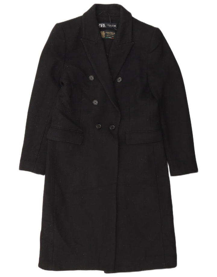 Zweireihiger Damenmantel von Zara, UK 14, Mittelschwarz, Polyester