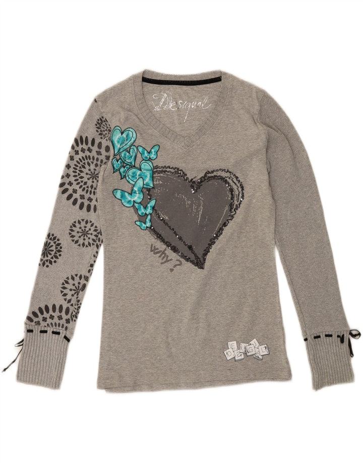 DESIGUAL Womens Graphic Top Long Sleeve UK 10 Small Grey Heart Vintage Desigual and Second-Hand Desigual from Messina Hembry 