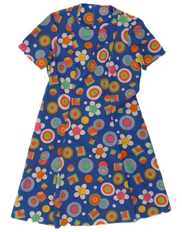 Vintage Damen A-Linie Kleid UK 12 Mittelblau geblümt