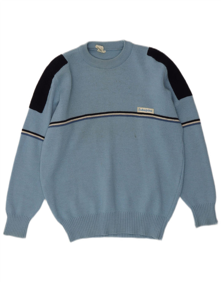 Vintage Herren-Pullover mit Rundhalsausschnitt, Größe 48, klein, blau, Farbblock