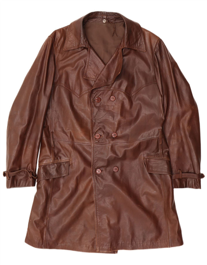 Vintage Herren Zweireihiger Ledermantel UK 38 Mittelbraun