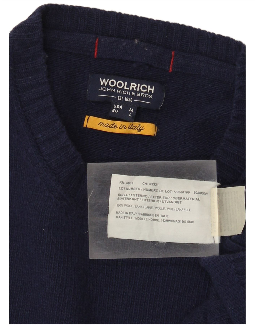 Woolrich Herren-Pullover mit grafischem Rundhalsausschnitt, mittleres Marineblau, Wolle, USA
