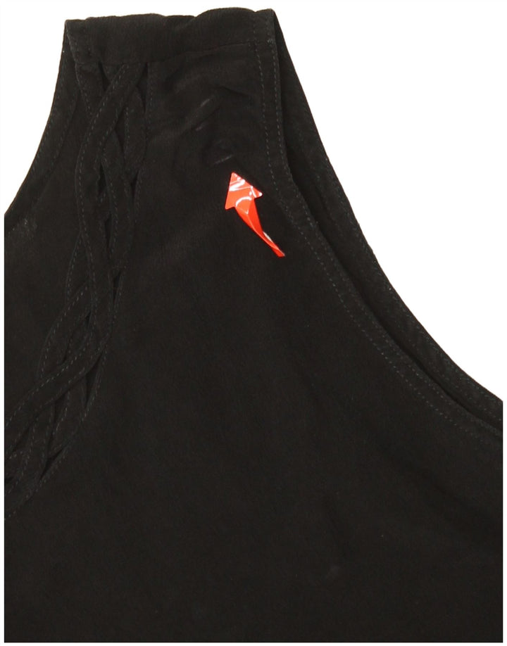 VINTAGE Damen Ärmelloses Blusentop UK 14 Mittelschwarze Seide