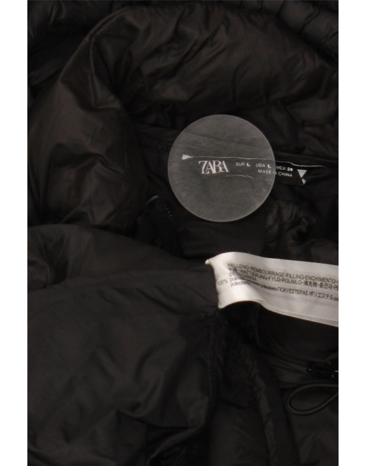 ZARA Wattierter Damenmantel mit Kapuze, UK 16, Größe L, Schwarz, Polyester