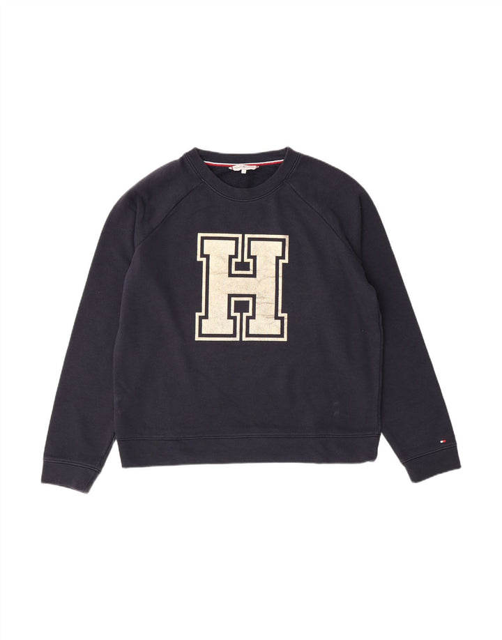 TOMMY HILFIGER Womens Graphic Sweatshirt Jumper UK 14 Medium Navy Blue
