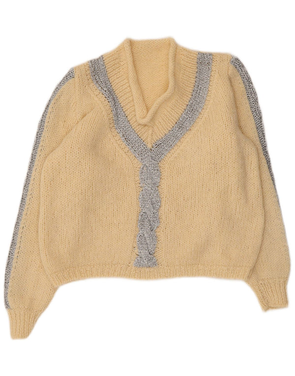 Vintage Damen Crop V-Ausschnitt Pullover Pullover UK 14 Large Beige Colourblock