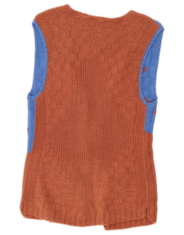 VINTAGE Ärmelloser Damen-Cardigan-Pullover UK 8 Kleiner brauner Farbblock