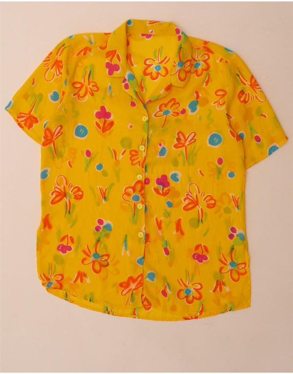Vintage Damen Durchsichtige Kurzarm-Hemdbluse, groß, gelb geblümt