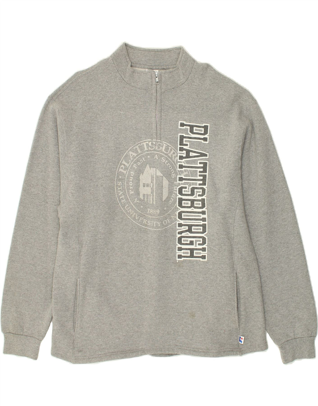 RUSSELL ATHLETIC Mens Graphic Zip Neck Sweatshirt Jumper Large Grey Vintage Russell Athletic and Second-Hand Russell Athletic from Messina Hembry 