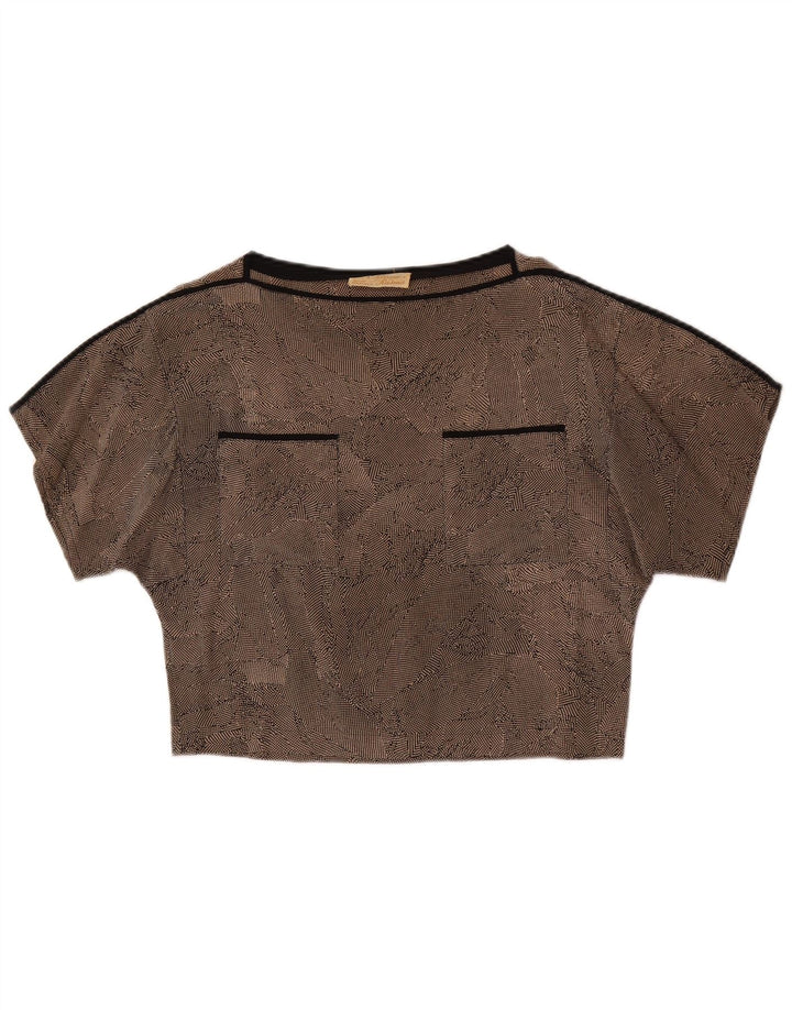 Vintage Damen Crop Bluse Top UK 14 Mittelbraun gefleckte Seide