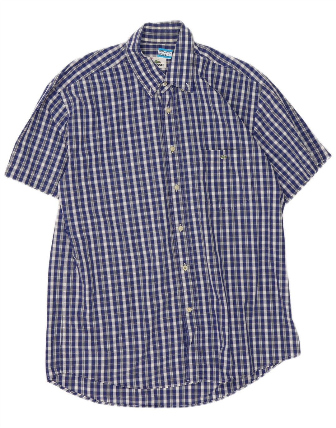 Lacoste Herren-Kurzarmhemd, Größe 40, mittelblaue Gingham-Baumwolle