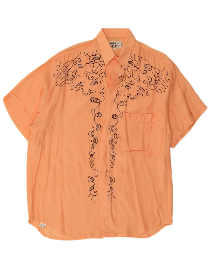 VINTAGE Herren Grafik Kurzarmshirt Small Orange Viskose