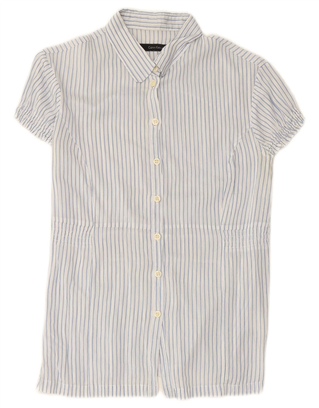 CALVIN KLEIN JEANS Damen Kurzarmhemd UK 12 Mittelblauer Nadelstreifen