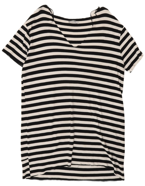 Zara Damen T-Shirt-Kleid UK 16 Große weiß gestreifte Baumwolle
